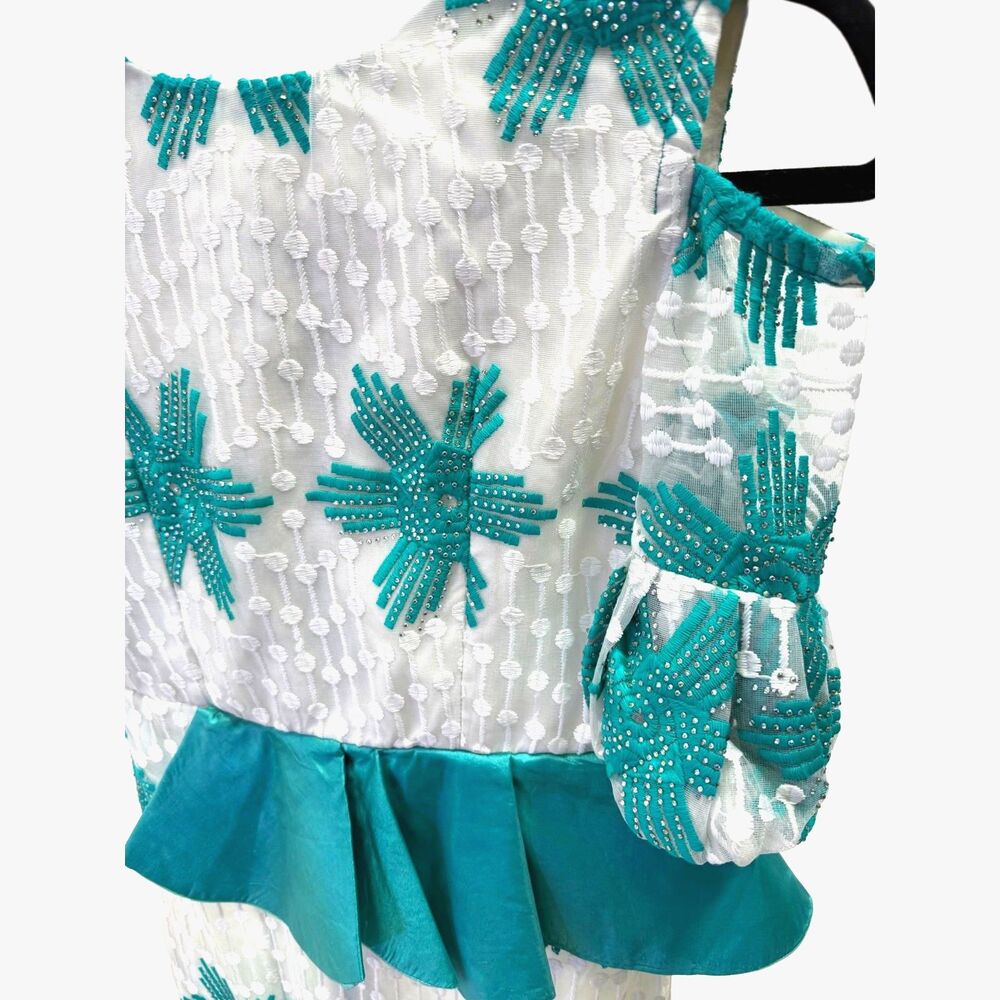 Vintage 60s teal & white occasion midi w/ shoulder cut out, peplum, jeweled - Picture 3 of 5